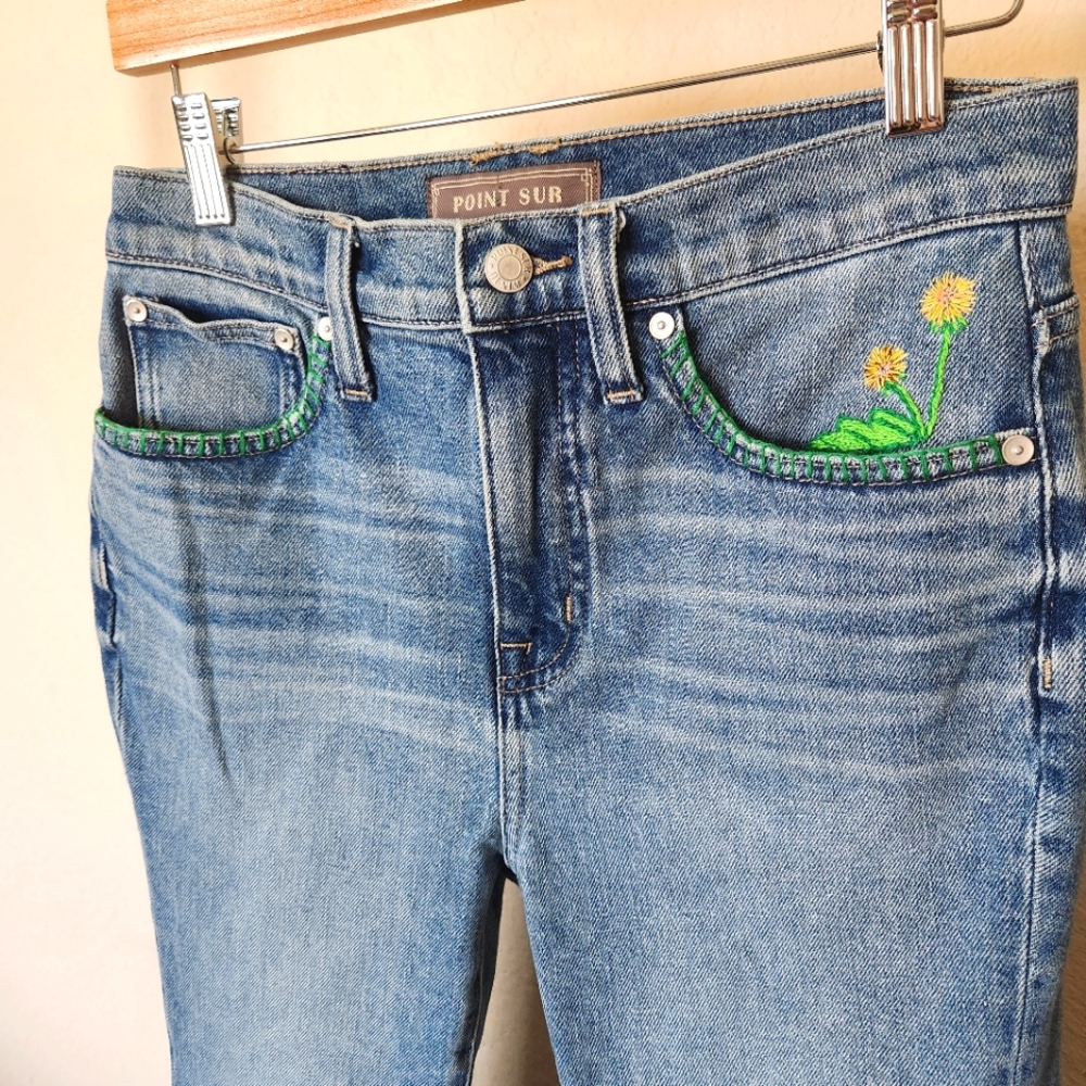 Point Sur OOAK Embroidered Dandelions Kick Out Crop Raw Hem Straight Leg Size 26